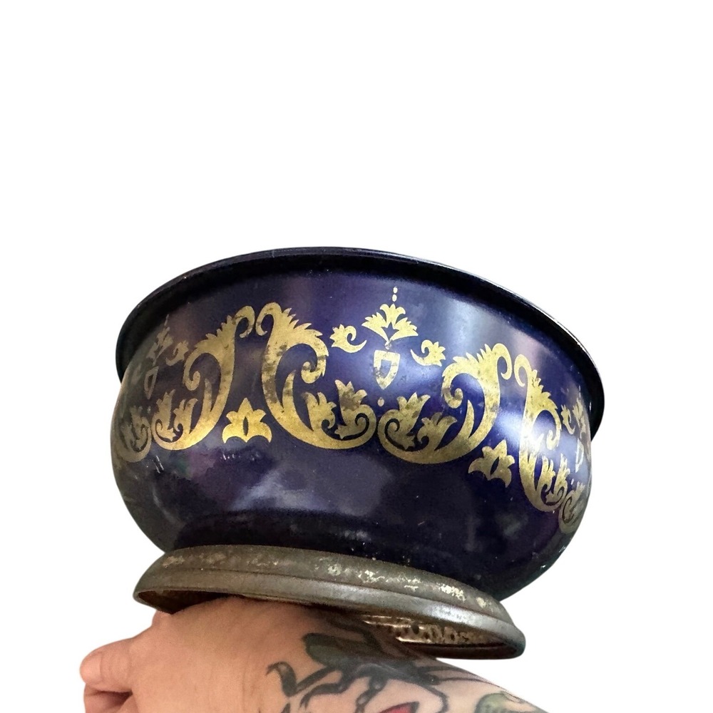 Vintage Cobalt Blue Gold Filigree Metal Canister Trinket Box with Lid Pedestal